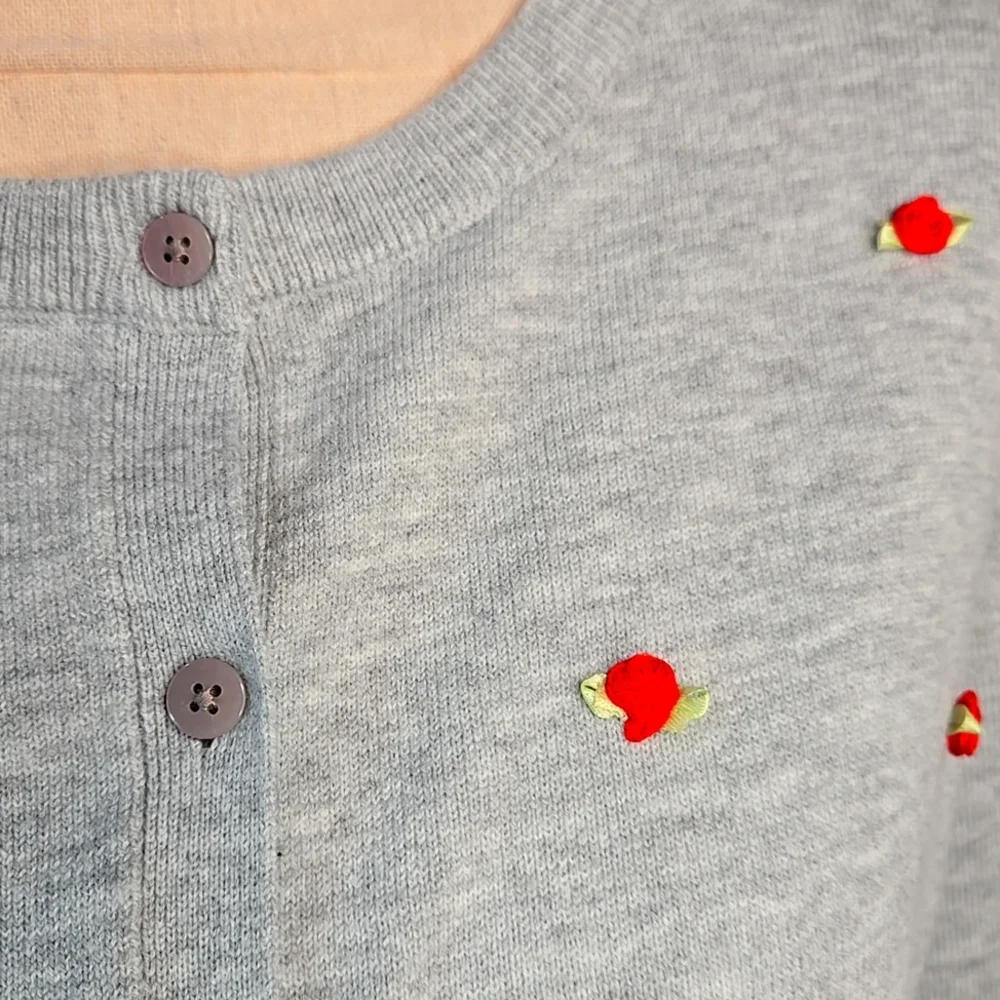 Gray Cardigan Sweater with Red Ribbon Rose Accents - Picture 3 of 13